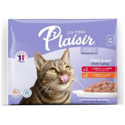 Εικόνα της Plaisir cat MULTIPACK POUCH for adult and sterilized cats 4x 85g / 2x beef + 2x chicken