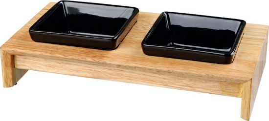 Εικόνα της Bowl set, ceramic/wood, 2 × 0.2 l/10 × 10 cm/28 × 5 × 15 cm, black/light brown